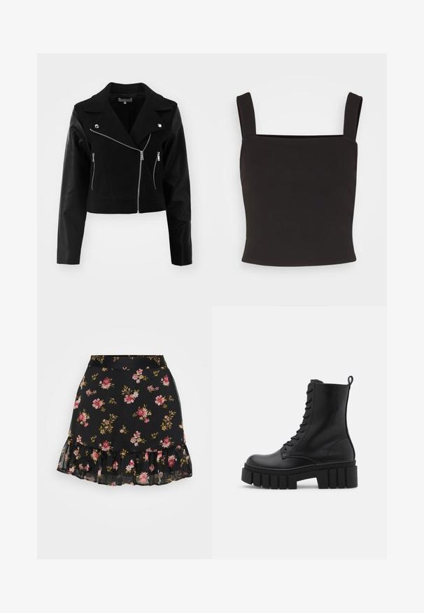 Sort cropped jakke med uld-krop og læderærmer. Har et klippet krave, sølv lynlåse og to frontlynlommer.; Pieces PCKARSON CROPPED - Top - black; Sort blomster nederdel med en krøllet kant. Den har et mønster af lyserøde og gule blomster på et gennemsigtigt stof. Letvægts og tætsiddende design.; Sort læderankelstøvle med kraftig, rillede sål, snørebånd foran og løftestrop på glat hvid baggrund.