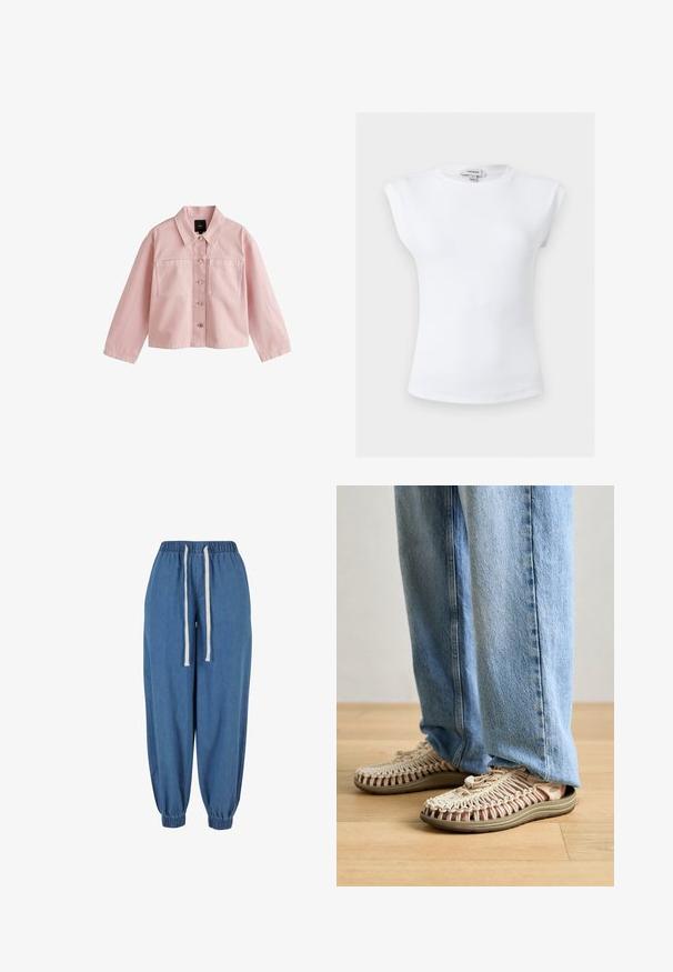 Lichtroze cropped jas met lange mouwen, knopen aan de voorkant, spitse kraag en twee borstzakken.; Witte geribbelde mouwloze top met gewatteerde schouders en een ronde hals, maat small, merklabel Topshop binnen in de kraag.; Blauwe denim joggerbroek met elastische tailleband en boorden, met witte aantrekkoorden in de taille.; Lichtgekleurde sandalen met een geweven bovenkant, voorzien van een chunky zool in beige met rode accenten. Een togglesluiting is zichtbaar aan de voorkant.
