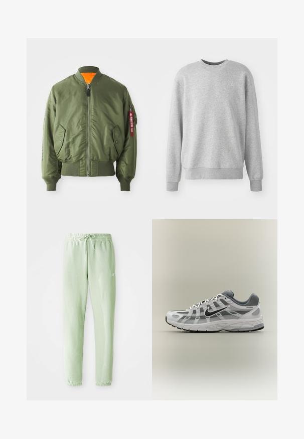 Olive roheline pommijakk, millel on lukuga ees, soonikute jälgimine varrukates ja allservas, küljetaskud ning oranž vooder. Omab punast sildiga detaili varrukal.; Hall kootud hall sweatshirt pehmest kangast, millel on ümar kaelus, soonikkoes varrukad ja hem, ning esiküljel on peene logoga aktsent.; Heledad roheline dressipükste komplekt, mis on valmistatud pehmest puuvillast ja millel on elastne vöökoht koos tõmbluku ja kitsenevad sääred, lõpetades kogutud mansettidega.; Valge ja hall Nike P-6000 toss musta logoga, võrgust paneelide ja tekstuurse tallaga, esitatud külgvaates neutraalsel taustal.