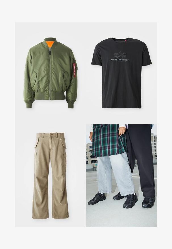 Oliven grøn bomberjakke med lynlås foran, ribbede manchetter og kant, sidelommer og orange foring. Har rød mærke detalje på ærmet.; Sort bomuld crew neck t-shirt med en tekstureret logo-print med ordene "ALPHA INDUSTRIES" og et trekantet design i midten.; Beige cargo bukser lavet af slidstærkt stof, med en afslappet pasform, flere sidelommer og forstærkede knæ. Flad frontdesign.; Sorte atletik sko med mesh- og gummidetaljer. Båret med lysegrå vide jeans og en ternet grøn bluse. Flad overflade i baggrunden.