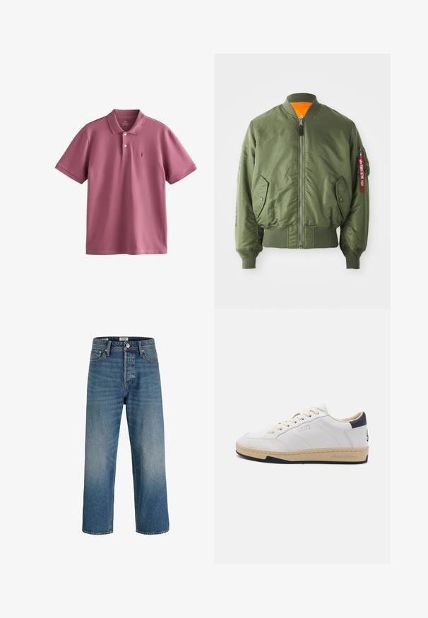 Oliven grøn bomberjakke med lynlås foran, ribbede manchetter og kant, sidelommer og orange foring. Har rød mærke detalje på ærmet.; Polo shirt i afdæmpet mauve, lavet af let bomuld. Har klassisk krave, tre knapper, korte ærmer og et lille broderet logo.; Lyseblå denimjeans med lige ben, let falmede ved knæene, fem-lomme-design og knaplukning i taljen.; Hvide lædersneakers med beige sål og marineblå hælafsats, udstyret med seks beige snørebånd, præget logo på siden og struktureret gumm Sål.