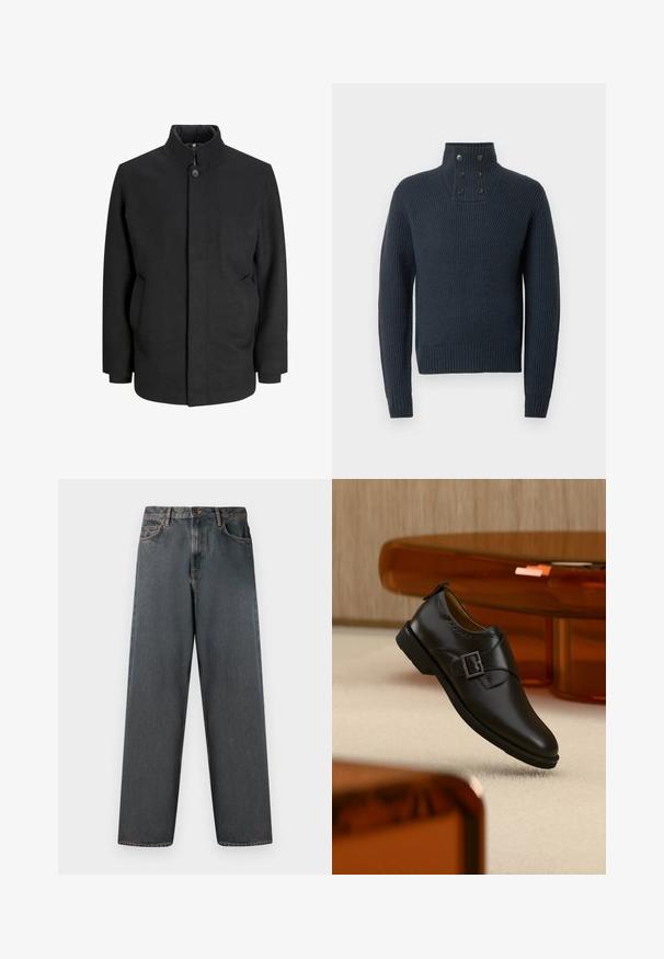 Manteau noir avec un col haut, fermeture à boutons sur le devant, poches latérales et une silhouette structurée. Fabriqué à partir d'un tissu lisse et texturé.; Pull en maille bleu marine avec un col montant et quatre boutons, présentant une texture côtelée et des poignets et un ourlet ajustés.; Jean en denim gris foncé avec une coupe droite, cinq poches et une fermeture à bouton et zip. Le tissu présente un léger dégradé et des coutures.; Chaussure monk en cuir noir avec boucle argentée, flottant au-dessus d'un tapis beige avec des meubles translucides marron en arrière-plan.