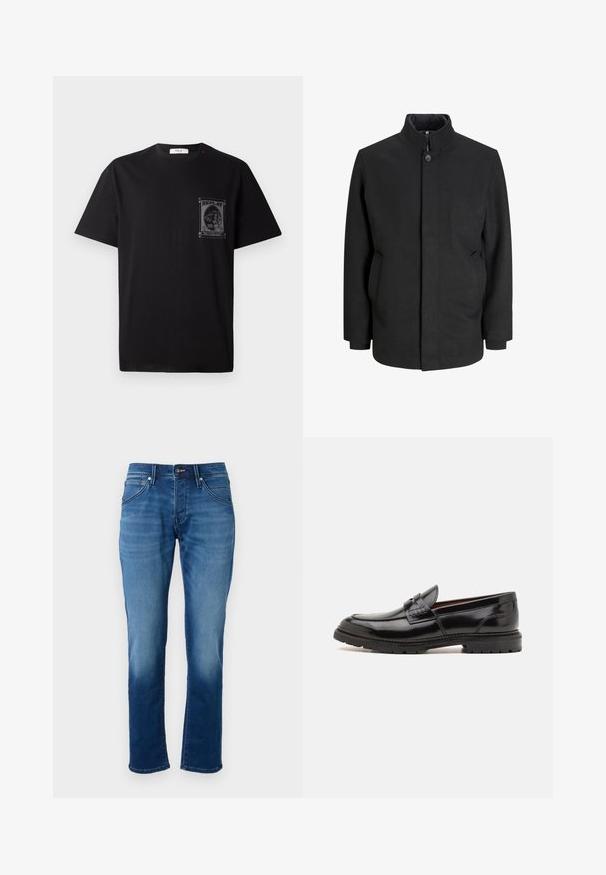 Schwarzer Mantel mit hohem Kragen, vorderem Knopfverschluss, Seitentaschen und strukturierter Silhouette. Hergestellt aus einem glatten, strukturierten Stoff.; Schwarz Baumwoll-T-Shirt mit kurzen Ärmeln, ausgestattet mit einem grafischen Druck auf der linken Brust und einem kleinen roten Akzent am Halsauschnitt.; Blaue Jeans aus Denim mit geradem Schnitt, weicher Textur, fünf Taschen und einem Knopfverschluss. Der Stoff weist einen ausgeblichenen Wasch-Effekt auf.; ALDO ALERIS - Slipper - black