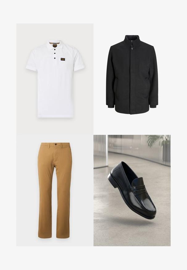 Schwarzer Mantel mit hohem Kragen, vorderem Knopfverschluss, Seitentaschen und strukturierter Silhouette. Hergestellt aus einem glatten, strukturierten Stoff.; Weißes Poloshirt aus strukturiertem Baumwollstoff, mit einem Drei-Knopf-Verschluss, kurzen Ärmeln und einem schwarzen Logo-Patch auf der Brust.; Khaki Chinos im geraden Schnitt, aus Baumwolle, mit Knopfverschluss, Gürtelschlaufen und zwei seitlichen Taschen für Funktionalität.; Schwarze Leder-Loafer mit glatter Oberfläche, abgerundeter Spitze, dekorativen Nähten und leicht erhöhtem Absatz.