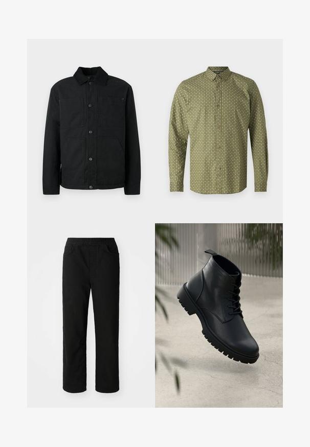 Veste noire à boutons avec col en velours côtelé et quatre poches avant, présentée contre un fond clair uniforme.; Chemise verte à manches longues avec un col, ornée d'un motif de signes plus blancs et de boutons marron sur le devant. Texture lisse.; Pantalons en coton noir avec une coupe décontractée, taille élastique, deux poches avant et jambes droites. Texture lisse sans motifs visibles.; Bottines en cuir noir avec un bout rond, un laçage, et une semelle en caoutchouc robuste. Texture lisse avec une languette à l'arrière.