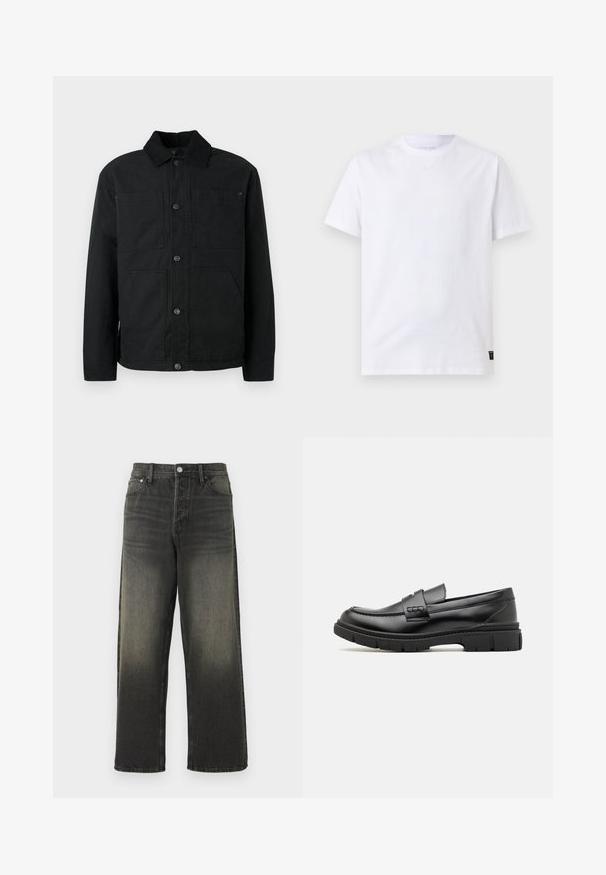 Schwarze Button-Up-Jacke mit Cordkragen und vier vorderen Taschen, präsentiert vor einem schlichten hellen Hintergrund.; Schlichtes weißes T-Shirt mit kurzen Ärmeln und Rundhalsausschnitt mit einem kleinen schwarzen Pflegeetikett am unteren Saum auf hellgrauem Hintergrund.; Schwarze Jeans aus Denim mit lockerer Passform, hoher Taille, silbernen Hardware-Details und einer verwaschenen Textur mit subtilen Falten. Gerade Beine ohne Verzierungen.; Schwarze Lederloafer mit einem breiten Riemen über dem Rist, Gummisohle mit dicken Profilen und glatter Textur. Klassisches, schlankes Design.