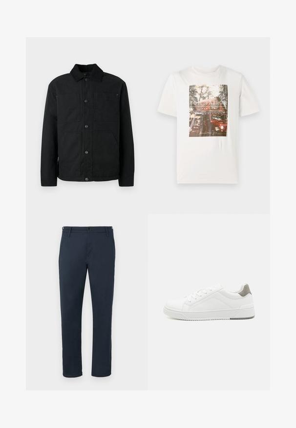Chaqueta negra con botones, cuello de pana y cuatro bolsillos frontales, exhibida sobre un fondo claro y liso.; TOM TAILOR PHOTO PRINT - Camiseta estampada - gardenia white; Pantalones de algodón azul marino con un corte recto, bolsillos frontales, cierre de botón y trabillas para cinturón. Textura suave sin patrones visibles.; Zapatilla blanca con material de cuero liso, punta redonda, diseño minimalista, acento gris en el talón y suela de goma texturizada.