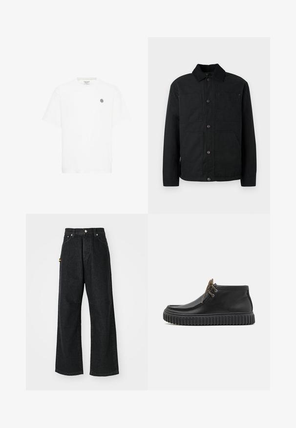 Schwarze Button-Up-Jacke mit Cordkragen und vier vorderen Taschen, präsentiert vor einem schlichten hellen Hintergrund.; Weißes Kurzarm-T-Shirt mit Rundhalsausschnitt und einem kleinen grauen geometrischen Logo auf der linken Brust. Hergestellt aus weichem Baumwollmaterial.; Schwarze weite Jeans aus Denim. Beinhaltet eine hohe Taille, fünf Taschen und metallische Akzente. Glatte Textur mit minimaler Abnutzung.; Schwarze Leder-Ankle-Boots mit runder Zehenform, die über frei liegende Schnürsenkel, eine strukturierte Sohle und ein glattes Obermaterial mit subtilen Details verfügen.