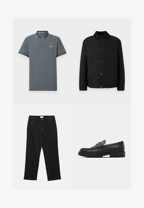 Sort skjortejakke med fløjlskrave og fire forlommer, præsenteret mod en ensfarvet lys baggrund.; Grå polo shirt med et tekstureret stof, der har en tre-knaps placket, lyseblå og orange kraveaccenter samt et lille logo på brystet.; Sorte denimbukser med lige skæring, der har knaplukning, fire lommer og en tekstureret stof. Simpelt og alsidigt design.; Sorte læder loafers med rund tå, der har et syet design, lav platformssål og en struktureret, skridsikker gummisål.