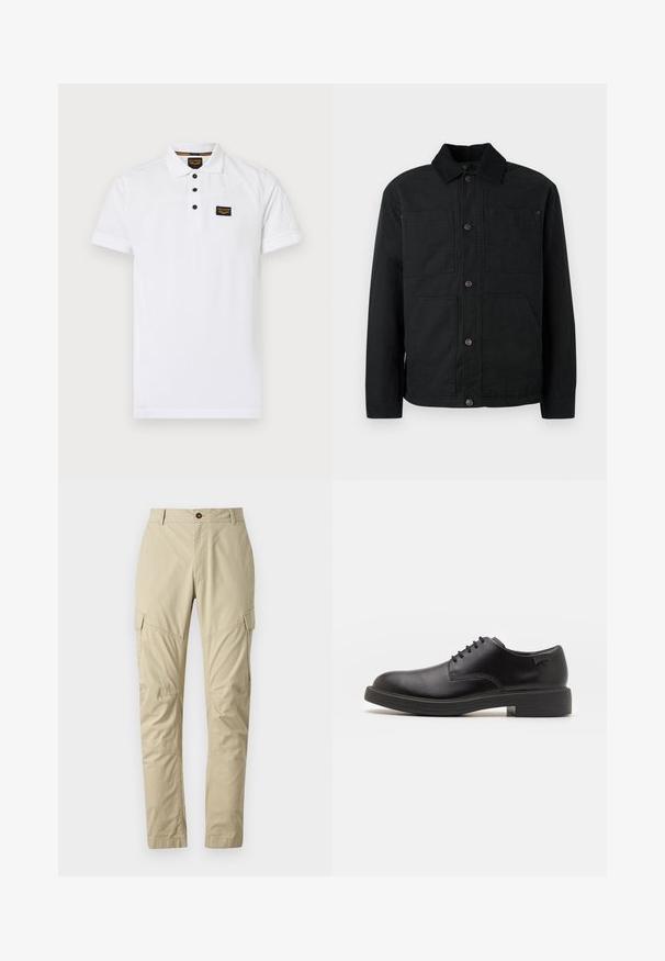 Veste noire à boutons avec col en velours côtelé et quatre poches avant, présentée contre un fond clair uniforme.; Polo shirt blanc en coton texturé, avec une patte de boutonnage à trois boutons, des manches courtes et une patch logo noir sur la poitrine.; Pantalons cargo beiges en tissu léger, dotés de plusieurs poches, d'une fermeture à bouton et d'un design de jambe fuselée. Texture lisse.; Chaussure noire en cuir à lacets avec un embout arrondi, texture lisse, piqures minimales et un petit talon en caoutchouc. Logo sur le talon.