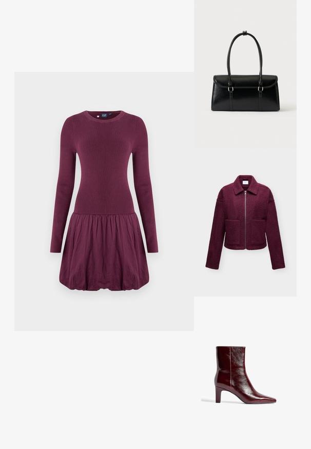 Bordeauxrote Jacke mit Reißverschluss, Kragen, langen Ärmeln, zwei Fronttaschen und strukturiertem, wollartigem Stoff.; Lila Kleid mit einem gerippten Oberteil, langen Ärmeln und einem gerafften Rock. Der Stoff wirkt glatt mit einer leichten Textur.; Burgunderfarbene Leder-Ankle-Boots mit spitzem Zeh, schlankem Design und mittelhohem Blockabsatz. Glatte Oberfläche und minimale Nahtdetails.; Schwarze, rechteckige Lederhandtasche mit Klappverschluss und zwei langen Griffen vor weißem Hintergrund.
