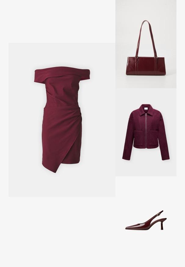 Veste bordeaux zippée avec col, manches longues, deux poches à l’avant et tissu texturé type laine.; Robe bordeaux à épaules dénudées avec un corsage ajusté et une jupe portefeuille asymétrique. Le tissu a une texture lisse et un design élégant.; Pompe slingback en cuir verni bordeaux avec un bout pointu, un talon kitten de hauteur moyenne et une sangle à boucle en argent sur fond blanc.; Sac à main bordeaux en matériau brillant, de forme rectangulaire, avec deux anses et des accents légèrement courbés à l'avant.
