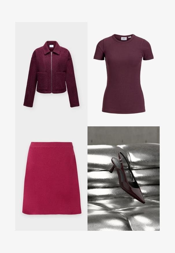 Veste bordeaux zippée avec col, manches longues, deux poches à l’avant et tissu texturé type laine.; T-shirt côtelé ajusté à manches courtes couleur prune foncée avec col rond et étiquette avant indiquant la marque JJXX et la taille 5.; Jupe rouge arrivant au genou, ajustée, avec une texture lisse et une large ceinture élastique, présentant un design simple sans motifs ni accents visibles.; Escarpin slingback à talon haut, rouge foncé brillant avec bout pointu, présenté sur une surface en cuir argenté capitonné et brillant.