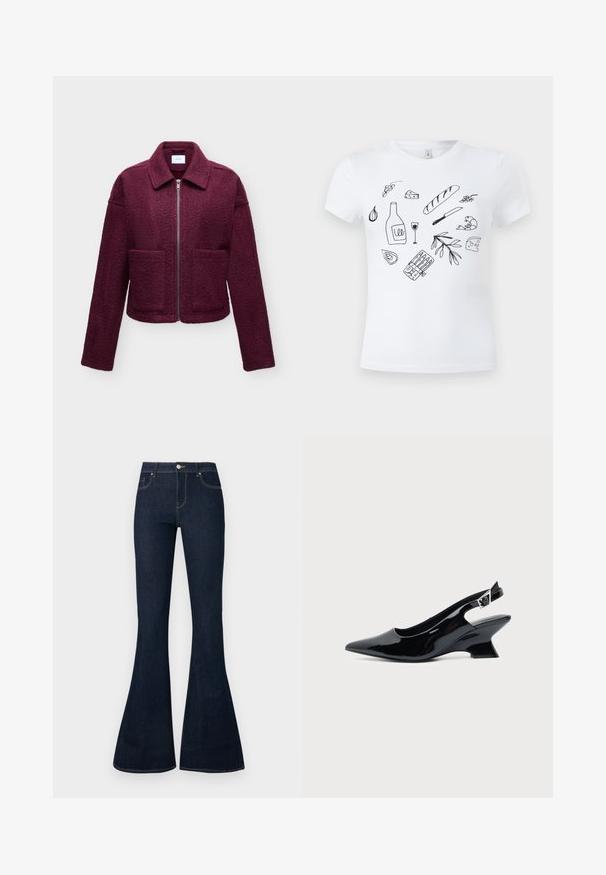 Veste bordeaux zippée avec col, manches longues, deux poches à l’avant et tissu texturé type laine.; T-shirt blanc avec des dessins au trait noirs représentant des aliments, dont du pain, du fromage, une bouteille de vin et un verre, une crevette, de l'ail, des olives et un couteau.; Jean en denim bleu foncé taille haute avec jambes évasées, bouton et zip à l'avant, et conception à cinq poches.; Chaussure slingback en cuir verni noir avec bout pointu et petit talon bloc incliné sur fond clair uni.