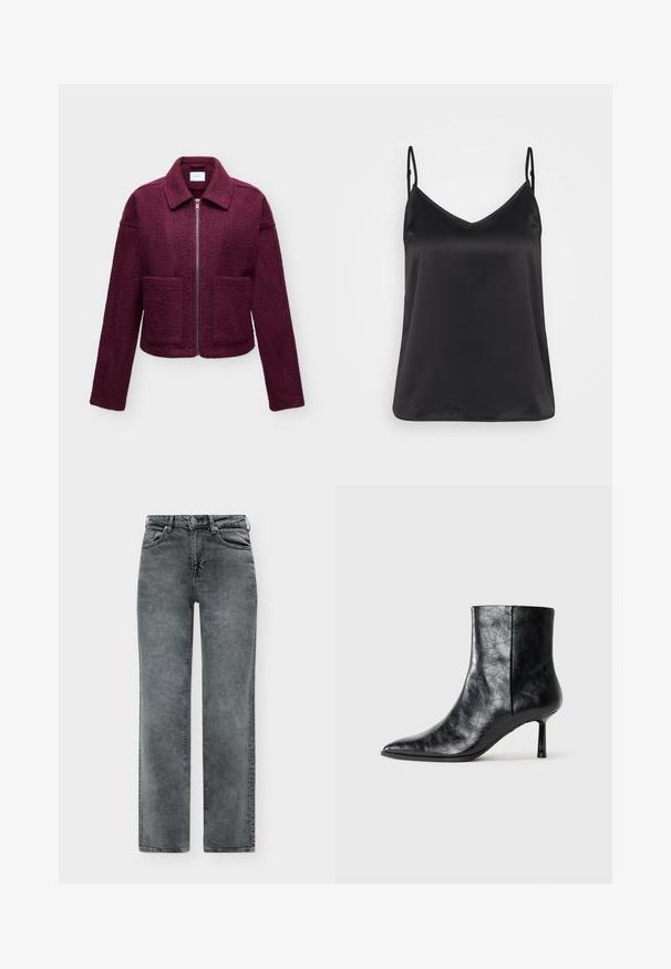 Bordeauxrote Jacke mit Reißverschluss, Kragen, langen Ärmeln, zwei Fronttaschen und strukturiertem, wollartigem Stoff.; Schwarzes Satin-Camisole mit V-Ausschnitt, dünnen verstellbaren Trägern und einer glatten, glänzenden Textur. Keine Muster oder zusätzlichen Akzente.; Graue Jeans mit geradem Bein, Fronttaschen, Gürtelschlaufen sowie Knopf- und Reißverschluss.; Schwarze Leder-Stiefelette mit spitzem Zehenbereich und dünnem, kurzem Absatz. Verfügt über eine strukturierte Oberfläche und ein sauberes Design mit nahtloser Seite.