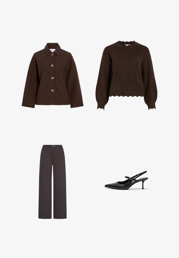 Chaqueta marrón de lana con cuello y cuatro botones grandes en la parte delantera, mangas largas y un dobladillo recto.; Jersey de punto marrón oscuro con bordes ondulados en los puños, dobladillo y escote, con mangas largas abullonadas y un ajuste relajado.; ICHI IHKATE WIDE PA2 - Pantalones - chocolate torte; Zapatos de tacón slingback de cuero negro con punta afilada, correa ajustable delgada y un tacón de aguja de aproximadamente 5 cm, textura suave.