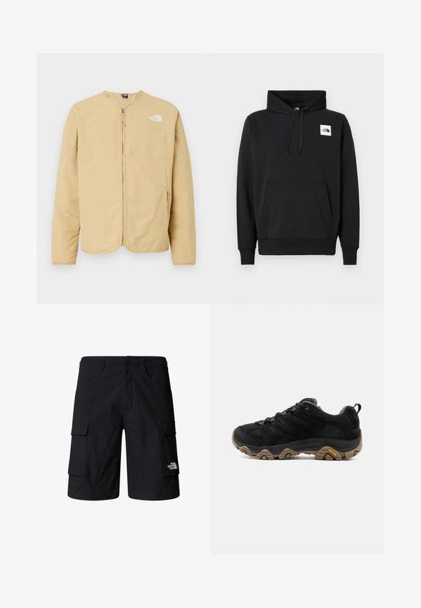 Lys beige, lynlåset jakke med rund hals, med en brystlomme og logo-detalje på venstre side. Lavet af glat, letvægtsstof.; Sort pullover-hoodie lavet af en bomuldsblanding, med en forlommekangaroo, snørre i hætten og et lille hvidt logo på brystet.; Sorte cargo shorts lavet af letvægtsstof, med to sidelommer, to cargo-lommer og et mærke-logo på det nederste højre ben.; Sort vandrestøvle med robust brun Vibram-sål, mesh og ruskindsoverdel, snørelukning og bageste trækskinnel, vist fra ydersiden.