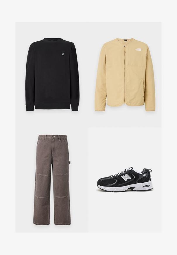 Helles Beige, Reißverschlussjacke mit Rundhalsausschnitt, ausgestattet mit einer Brusttasche und einem Logodetail auf der linken Seite. Hergestellt aus glattem, leichtem Stoff.; Schwarzer Langarm-Crewneck-Sweatshirt mit kleinem weißen runden Logo auf der linken Brust, gerippten Bündchen und Saum.; Weite Hosen in einem verblassten Braunton, aus strapazierfähigem Stoff mit kontrastierenden Nähten. Mit Paneeldetails und einer Seitentasche.; Schwarze und graue Sportschuhe mit Obermaterial aus Mesh und Wildleder, ausgestattet mit einer weißen Zwischensohle, Schnürsenkeln und einem markanten "N"-Logo an der Seite.