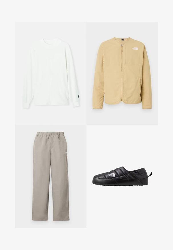 Lys beige, lynlåset jakke med rund hals, med en brystlomme og logo-detalje på venstre side. Lavet af glat, letvægtsstof.; Hvid langærmet pullover med rund halsudskæring, ribbede manchetter og en central søm, der løber lodret ned foran. Blødt stof.; Beige bukser med lige ben, elastisk talje og en lille hvid logo på højre sidesøm.; Sort slip-on sko med et quiltet design, lavet af polstret materiale. Har en struktureret gummisål og et lille trækstrop bagpå.