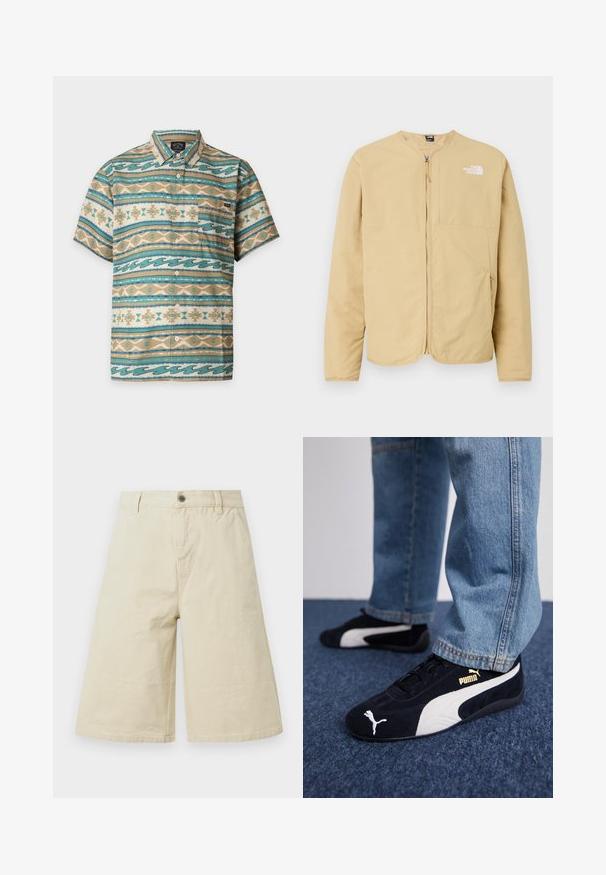 Veste zippée beige clair avec un col rond, dotée d'une poche sur la poitrine et d'un logo sur le côté gauche. Fabriquée en tissu lisse et léger.; Chemise à manches courtes boutonnée avec des rayures horizontales turquoise, beige et blanches présentant des motifs géométriques et ondulés et une poche poitrine gauche.; Shorts beige larges jusqu'au genou avec passants de ceinture, bouton à l'avant, fermeture éclair, et poches latérales.; Baskets en daim noir avec accents blancs, arborant un logo doré. Portées avec un jean en denim bleu clair et posées sur une surface bleue texturée.