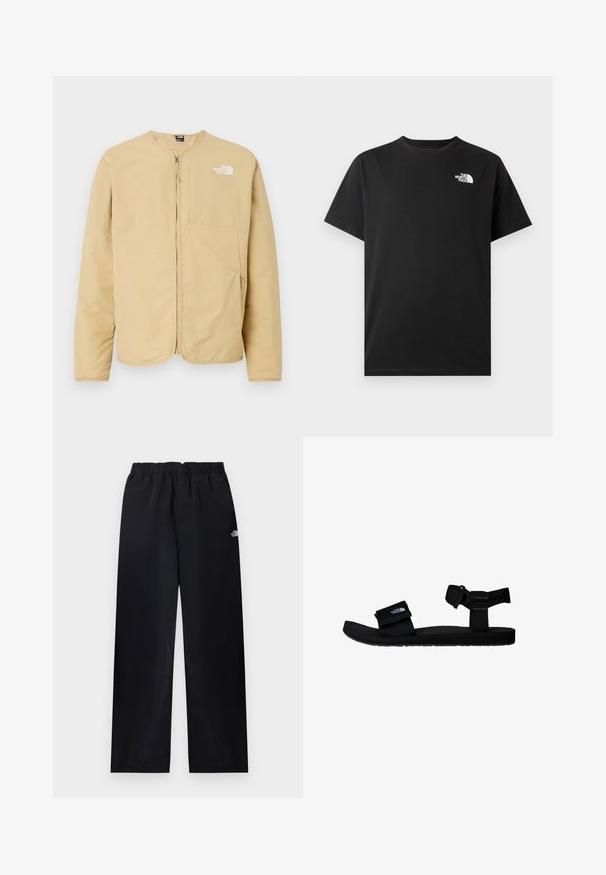 Licht beige, ritsjack met een ronde hals, voorzien van een borstzak en logodetail aan de linkerkant. Gemaakt van gladde, lichte stof.; Zwart katoenen T-shirt met korte mouwen, ronde hals en een klein wit logo op de linkerborst. Glad oppervlak, standaard pasvorm.; Zwarte broek met rechte pijpen en elastische taille, met een klein wit logo op de bovenste rechterdij, plat uitgestald op een lichte achtergrond.; Zwarte sandalen met verstelbare stoffen banden, een textuur rubberen zool en een logo patch. Ontworpen voor comfort en gebruik buitenshuis.