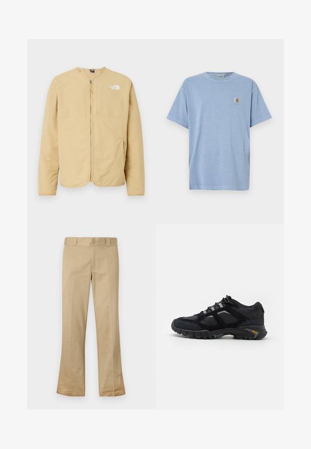 Helles Beige, Reißverschlussjacke mit Rundhalsausschnitt, ausgestattet mit einer Brusttasche und einem Logodetail auf der linken Seite. Hergestellt aus glattem, leichtem Stoff.; Hellblaues Baumwoll-T-Shirt mit kurzen Ärmeln, Rundhalsausschnitt und einem kleinen quadratischen Logoetikett mit einem stilisierten Buchstaben "C" auf der Brust.; Beige Schlaghose aus einem Baumwollmix, mit Knopfverschluss, Gürtelschlaufen und flacher Vorderseite mit glatter Textur.; Schwarzer Outdoor-Schuh aus Wildleder und Mesh mit robuster Sohle. Verfügt über graue Akzente und Vibram-Branding an der Seite. Schnürdesign.