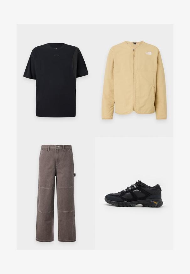 Veste zippée beige clair avec un col rond, dotée d'une poche sur la poitrine et d'un logo sur le côté gauche. Fabriquée en tissu lisse et léger.; T-shirt noir à manches courtes en tissu lisse, avec un design asymétrique et un petit logo sur la poitrine.; Pantalons larges de couleur marron délavée, fabriqués en tissu durable avec des coutures contrastées. Présente des détails en panneaux et une poche latérale.; Chaussure extérieure noire en daim et en maille avec une semelle robuste. Présente des accents gris et une marque Vibram sur le côté. Design à lacets.