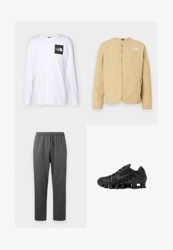 Lys beige, lynlåset jakke med rund hals, med en brystlomme og logo-detalje på venstre side. Lavet af glat, letvægtsstof.; Hvid langærmet t-shirt med sort firkantet logo, der står "The North Face" på venstre overarm.; Mørkegrå fleece-sweatpants med elastisk taljebånd og snor, med en lille logo på højre lår.; Sorte atletikskoser lavet af mesh og syntetiske materialer, med et karakteristisk bølget design, sort gummisål og reflekterende detaljer.