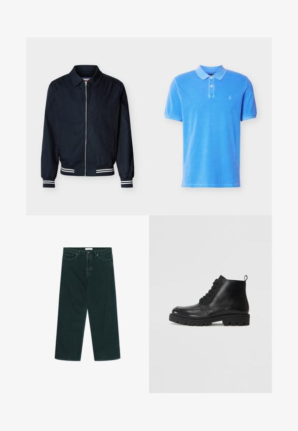 Marineblaue Bomberjacke mit Reißverschluss, Kragen, gerippten Bündchen und Saum mit weißen Streifen sowie Seitentaschen.; Blaues Poloshirt mit kurzen Ärmeln, zwei weißen Knöpfen und kleinem weißen "M OP"-Logo auf der linken Brust, präsentiert vor weißem Hintergrund.; Dunkelgrüne weit geschnittene Jeans aus Denim mit Knopf- und Reißverschluss, Fronttaschen und Gürtelschlaufen, flach auf einem weißen Hintergrund ausgelegt.; Schwarze Leder Stiefeletten mit runder Zehe, Schnürverschluss und strukturiertem Gummisohle. Mit einer Ziehlasche an der Ferse für einfaches Anziehen.