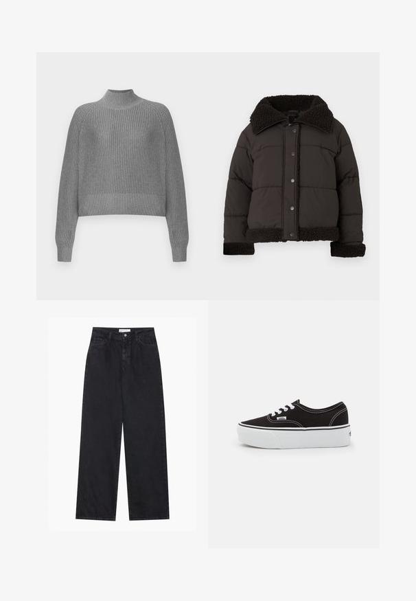 Veste courte noir matelassée avec un col en fausse fourrure marron texturé, boutons pression et garniture douce au bas et aux poignets.; Pull gris à côtes avec un col montant, des épaules tombantes et des manches longues. Présente un tricot texturé et un ourlet cropped.; Jeans en denim noirs taille haute à jambes larges avec fermeture à bouton et zip à l'avant, passants de ceinture et style à cinq poches.; Baskets en toile noires avec une semelle en caoutchouc blanc, dotées de lacets et de coutures blanches, marquage emblématique sur le côté, design basse.