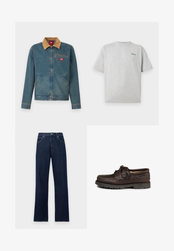 Spijkerjack met een bruine corduroy kraag, ritssluiting aan de voorkant, een borstzak en steekzakken aan de zijkant. Lichtblauwe kleur met vervaagde delen en gestikte accenten.; Lichtgrijs T-shirt met korte mouwen en ronde hals met klein donkergroen "ellesse" logo op de linkerborst.; Donkerblauwe rechte spijkerbroek met vijf zakken, lussen voor een riem en een sluiting met knoop en rits aan de voorkant.; Bruine leren boot schoenen met een ronde neus, stiksels en metalen oogjes voor de veters. Rubberen buitenzool met profiel.