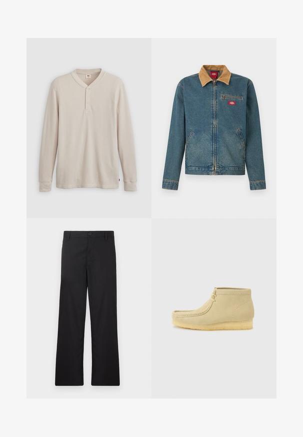 Denimjakke med brun kordfløjls-krave, lynlås foran, brystlomme og sidelommer. Lyseblå farve med falmede sektioner og syninger som detaljer.; Langærmet henley-skjorte i lys beige ribbet stof, med V-hals, tre-knap placket og manchetter ved ærmerne. Rød logo-tags ved kanten.; Sorte bukser med et lige ben-design, lavet af glat stof. Har en knaplukning foran og ingen synlige mønstre eller detaljer.; Beige ruskindsankelhøj moccasin med kridtsål og snøre foran, sat mod en ensartet lys grå baggrund.