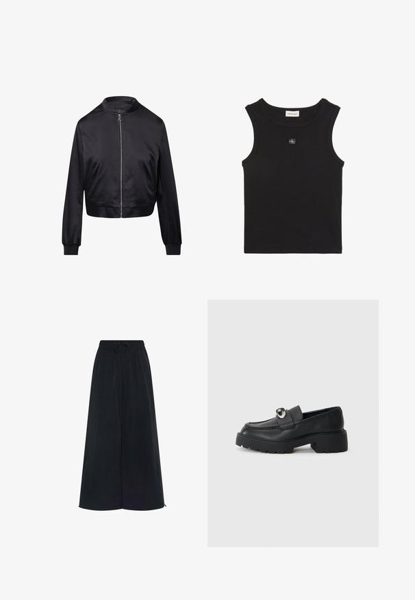 Musta satiininen bomber-takki, jossa on korkea kaulus, etuvetoketju ja kaksi sivutaskua. Täysin elastiset hihansuut ja lyhyt malli.; Musta ribbineulottu hihaton paita, pyöreä kaula-aukko, Calvin Klein Jeans -etiketti kauluksen sisäpuolella ja pieni CK-logo rintapatsaassa.; Mustat leveälahkeiset housut, joissa on joustava vyötärö ja säädettävä nyöri. Valmistettu kevyestä kankaasta, jolla on sileä pinta. Ei näkyviä kuvioita.; Mustat nahka loaferit paksuilla, kohoavilla pohjilla, joissa on näkyvä metallinen yksityiskohta nauhassa ja ompeluyksityiskohtia reunoilla.