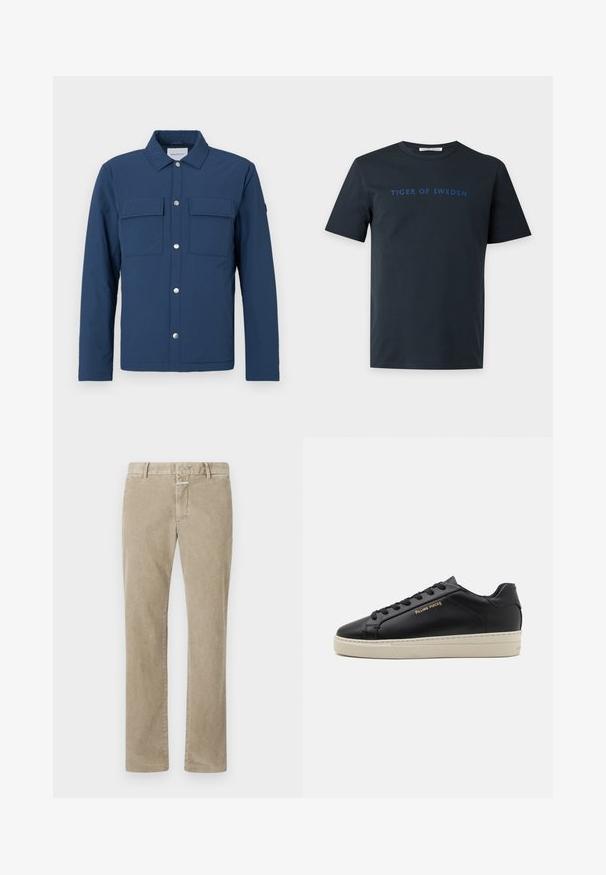 Veste bleu marine en tissu texturé avec un devant à boutons, deux poches poitrine et un col. Comprend des boutons pression en argent.; T-shirt noir à manches courtes et col rond avec "TIGER OF SWEDEN" imprimé en bleu sur la poitrine.; Pantalons en velours côtelé beige à jambe droite avec passants de ceinture et fermeture frontale dissimulée, présentés à plat sur un fond blanc.; Sneaker en cuir noir avec une finition lisse, semelle crème contrastante, bout arrondi, logo doré sur le côté et six œillets pour les lacets.