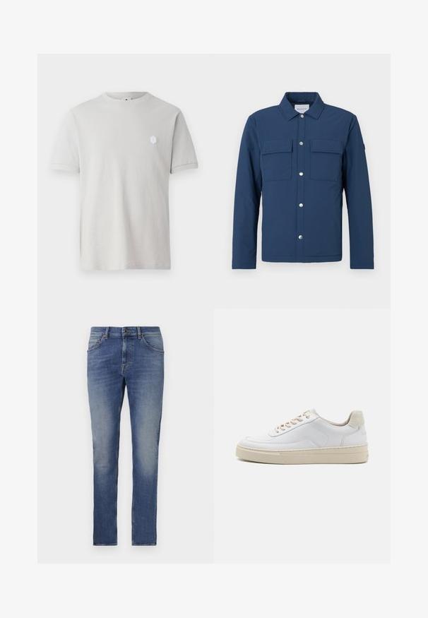 Veste bleu marine en tissu texturé avec un devant à boutons, deux poches poitrine et un col. Comprend des boutons pression en argent.; T-shirt en coton gris clair avec des manches courtes, un col rond, et un petit logo hexagonal blanc sur le coin supérieur gauche. Texture lisse.; Jean en denim de couleur bleu moyen avec un léger délavage, design cinq poches, coupe droite et braguette à boutons. Présente un léger flou et des accents de couture subtils.; Sneaker blanche avec un dessus en cuir lisse, des lacets beige et un onglet de talon en daim beige texturé. Semelle surélevée pour une hauteur supplémentaire.