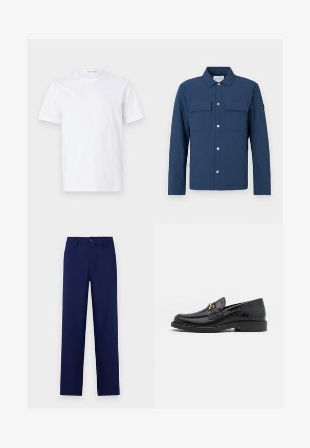Marineblaue Jacke aus strukturiertem Stoff mit durchgängiger Knopfleiste, zwei Brusttaschen und Kragen. Mit silbernen Druckknöpfen.; Weißes Baumwoll-T-Shirt mit rundem Ausschnitt und kurzen Ärmeln. Glatte Textur, gerader Schnitt und minimalistisches Design ohne Muster oder Akzente.; Marineblaue Hose mit Knopf und Reißverschluss, geradem Schnitt, flachem Bund und seitlichen Taschen; aus glattem, leichtem Material gefertigt.; Schwarze Lederleter mit einer abgerundeten Zehenpartie, ausgestattet mit goldenen Hardwareakzenten und Stichdetails, auf einer niedrigen, strukturierten Gummisohle.