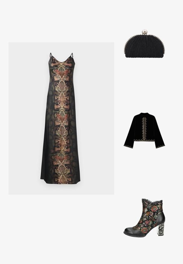 Zwarte fluwelen jas met een hoge hals, lange mouwen, gedetailleerd met zilveren borduursels langs de voorkant en zoom. Ritsluiting in het midden.; Zwarte slipdress met een slangenhuidpatroon in aardetinten en metallic accenten, met dunne verstelbare bandjes en een gladde textuur.; Zwarte enkellaarsjes met kleurrijke bloemenborduursels, kantafwerking en een gemusterd zilveren hoge hak. Kenmerken zijn een ronde neus en contrasterende stiksels.; Zwarte avondclutch met gestructureerde stof, omlijst door een rij kleine parels en een grote parelsluiting bovenop.