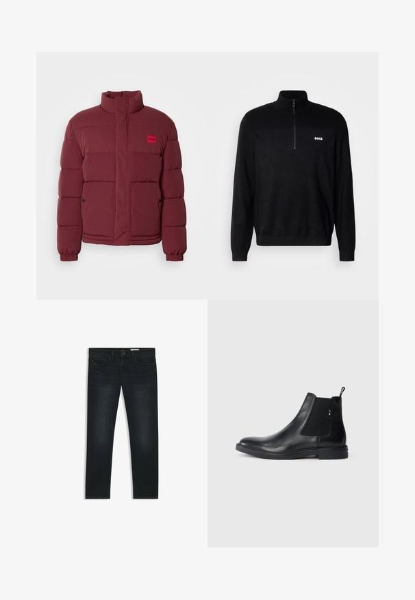 Bordeaux puffer-jakke med høj krave, quiltet tekstur og rød mærkepatch. Har trykknaplukning og sidelommer.; Sort pullover sweater med halv-zip krave, der har ribbet tekstur på skuldrene og et lille hvidt "BOSS" logo på brystet.; Mørke denim jeans med lige pasform, subtilt slid, fem lommer og orange syninger som accent på taljen.; Sorte læder Chelsea støvler med elastiske sidepaneler, en pull-tab og en flad gummisål. Glat tekstur med minimal detaljer.