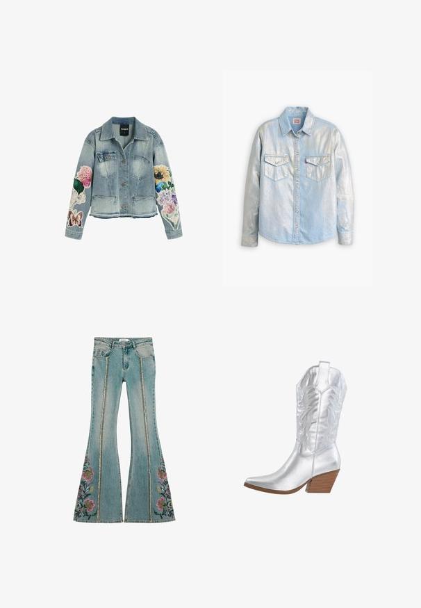 Lichtblauw denim jack met borst- en heupzakken, voorzien van kleurrijke bloemen- en vlinderprints op beide mouwen.; Lichtblauw denim overhemd met een metallic glans, lange mouwen, knoopsluiting aan de voorkant, twee borstzakken en een puntig kragenontwerp.; Blauwe wijde jeans met bloemenborduursels aan de onderzijden, voorzien van een vervaagde wassing en rafelige naaddetails. Ontwerp met vijf zakken.; Zilveren cowboylaars met puntige neus, gegraveerd bloemmotief en een gestapelde houten hak. Gladde metallic afwerking en hoge schacht.