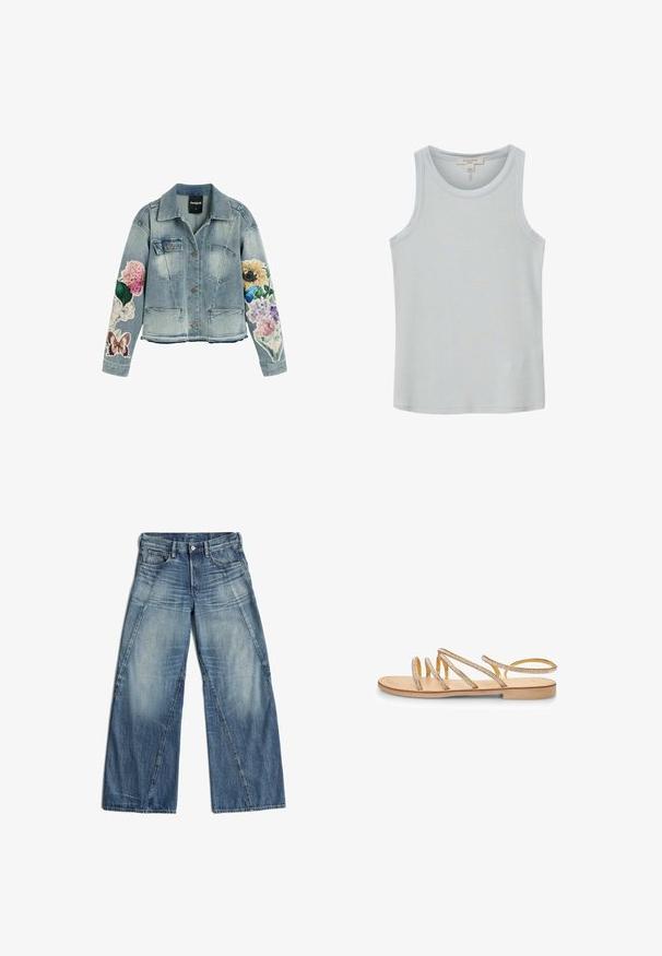 Hellblaue Jeansjacke mit Brust- und Hüfttaschen, mit bunten Blumen- und Schmetterlingsprints auf beiden Ärmeln.; Hellgraues geripptes ärmelloses Top mit rundem Ausschnitt, hergestellt von AllSaints, auf weißem Hintergrund präsentiert.; Blaue Jeans mit weitem Bein, verwaschenem Waschung und diagonalen Nahtdetails, mit Fronttaschen, Gürtelschlaufen und einem Knopfverschluss in der Taille.; Goldene flache Sandalen mit mehreren überkreuzten Riemen, die mit kleinen klaren Strasssteinen verziert sind. Die Sandalen haben eine flache Sohle und ein offenes Fersen-Design.