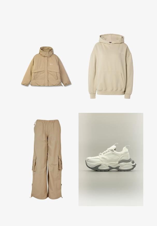 Chaqueta acolchada beige con un cuello alto, dos bolsillos frontales y cierre de cremallera. Presenta una tela texturizada y un pequeño logo en el pecho.; Sudadera con capucha beige con bolsillo canguro delantero, puños y dobladillo acanalados, y texto bordado sutil en el lado izquierdo del pecho.; Pantalones cargo beige con cintura elástica, dos bolsillos laterales y detalles de malla; fabricados en un tejido ligero y texturizado.; Zapatilla gruesa blanca y gris con suela texturizada, pestañas en la lengüeta y el talón, y diseño detallado de paneles en la parte superior.