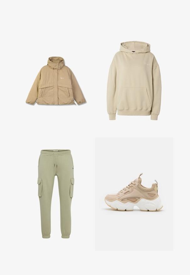 Beige pufferjack met een hoge kraag, twee voorzakken en een ritssluiting. Heeft een gestructureerde stof en een klein logo op de borst.; Beige pullover hoodie met een voorzak in kangoerustijl, geribbelde manchetten en zoom, en subtiele geborduurde tekst op de linkerborst.; Lichtgroene cargobroeken van zacht stof, met zijzakken, elastische manchetten en een koordje in de taille voor een verstelbare pasvorm.; Beige sneaker met een combinatie van gladde en gestructureerde materialen, een chunky witte zool en mesh accenten voor ademend vermogen.
