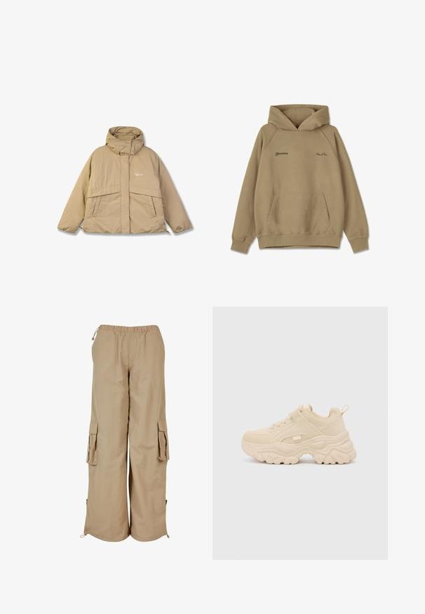 Chaqueta acolchada beige con un cuello alto, dos bolsillos frontales y cierre de cremallera. Presenta una tela texturizada y un pequeño logo en el pecho.; Sudadera con capucha beige de material polar, con un bolsillo frontal, puños de canalé y logotipos bordados en el pecho.; Pantalones cargo beige con cintura elástica, dos bolsillos laterales y detalles de malla; fabricados en un tejido ligero y texturizado.; Buffalo GALACTICA - Zapatillas - cream