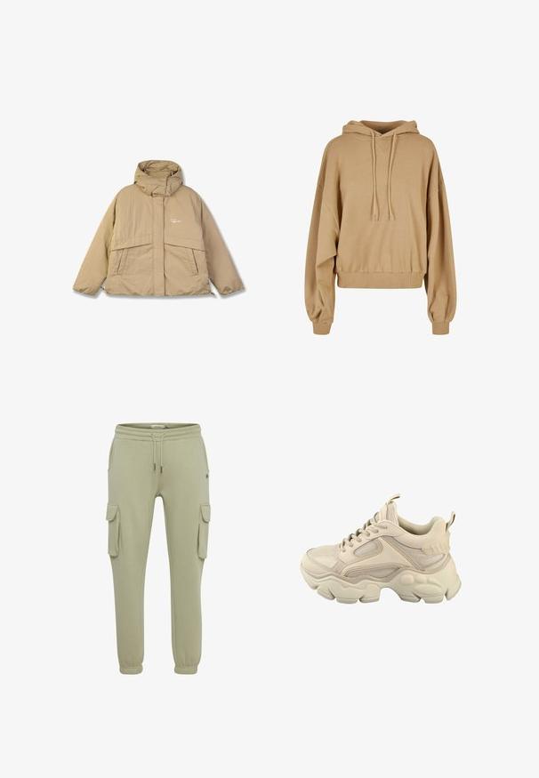 Veste en duvet beige avec un col haut, deux poches avant et une fermeture éclair. Présente un tissu texturé et un petit logo sur la poitrine.; Haut à capuche oversize beige avec cordon de serrage, manches larges et ourlet côtelé. Tissu doux avec une texture lisse et un minimum de détails.; Pantalons cargo en vert clair en tissu doux, avec poches latérales, poignets élastiqués et une taille à cordon pour un ajustement réglable.; Baskets beige épaisses avec panneaux en mesh et cuir, semelle épaisse texturée, devant lacé, col rembourré, et languettes à la languette et au talon.