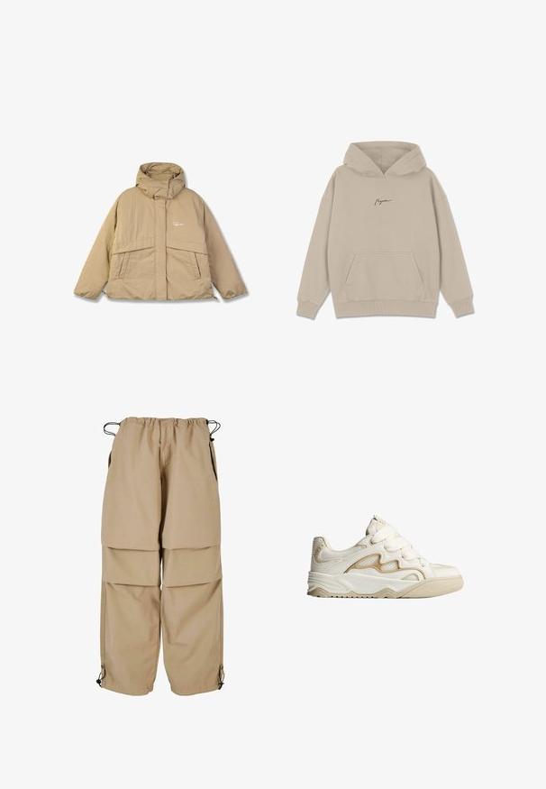 Beige pufferjakke med høj krave, to forlommer og lynlås. Har et struktureret stof og et lille logo på brystet.; Beige hoodie lavet af blødt materiale, med en lomme på forsiden, ribbede manchetter og en hætte med snørebånd. Minimalistisk tekstlogo i en mørkere farve.; Beige cargo bukser med elastisk talje, lagdelt design og sidelommer. Har justerbare manchetter med toggles for en tilpasset pasform.; Sneaker i cremefarve med tekstureret overdel, meshpaneler og dekorative syninger. Justerbare remme og gummiydersål for greb.