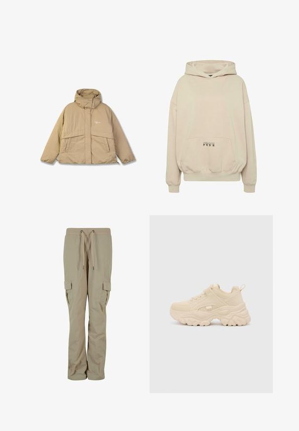 Chaqueta acolchada beige con un cuello alto, dos bolsillos frontales y cierre de cremallera. Presenta una tela texturizada y un pequeño logo en el pecho.; Sudadera con capucha beige con bolsillo frontal, puños acanalados y capucha con cordón. Texto "PECADOR PGDR" impreso en el área del bolsillo.; Pantalones cargo beige hechos de tejido ligero, con una cintura ajustable, bolsillos laterales y un corte relajado para mayor comodidad.; Buffalo GALACTICA - Zapatillas - cream