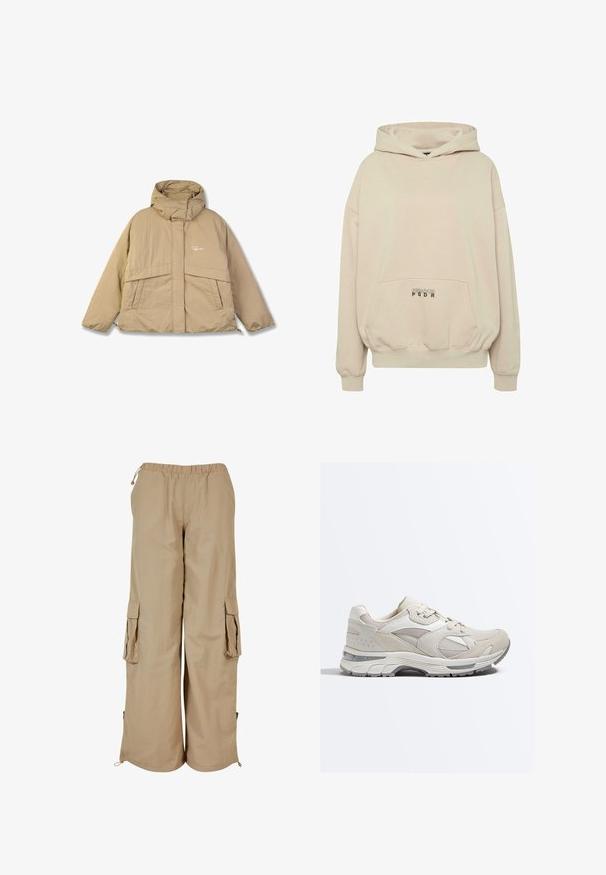 Beige Steppjacke mit hohem Kragen, zwei vorderen Taschen und einem Reißverschluss. Verfügt über einen strukturierten Stoff und ein kleines Logo auf der Brust.; Beiger Hoodie mit Fronttasche, gerippten Bündchen und Kordelzugkapuze. "PECADOR PGDR" Schriftzug auf dem Taschenbereich.; Beige Cargo-Shorts mit elastischem Bund, zwei Seitentaschen und Mesh-Akzenten; aus leichtem, strukturierte Stoff gefertigt.; Beige-weißer Sportschuh mit Mesh- und Wildlederpaneelen, Schnürverschluss und dicker, gepolsterter Sohle mit grauem Profil.