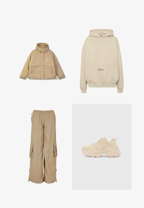 Beige pufferjakke med høj krave, to forlommer og lynlås. Har et struktureret stof og et lille logo på brystet.; Beige hættetrøje med en forlomme, ribbede manchetter og snøre i hætten. "PECADOR PGDR" tekst trykt på lommedelen.; Beige cargo bukser med elastisk talje, to sidelommer og mesh-detaljer; fremstillet af letvægts, tekstureret stof.; Buffalo GALACTICA - Sneakers - cream