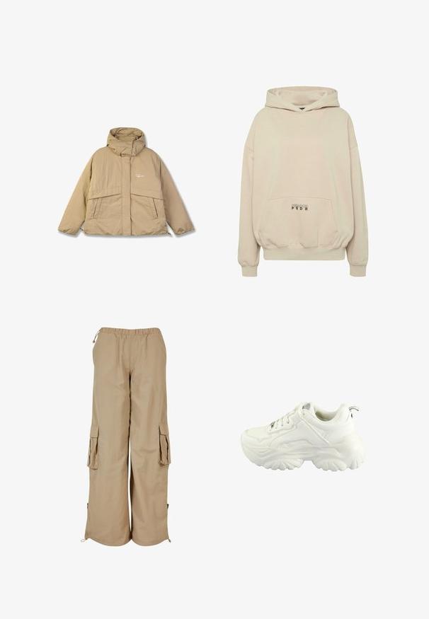 Beige pufferjakke med høj krave, to forlommer og lynlås. Har et struktureret stof og et lille logo på brystet.; Beige hættetrøje med en forlomme, ribbede manchetter og snøre i hætten. "PECADOR PGDR" tekst trykt på lommedelen.; Beige cargo bukser med elastisk talje, to sidelommer og mesh-detaljer; fremstillet af letvægts, tekstureret stof.; Hvide sneakers med et chunky design, glat syntetisk overdel, polstret krave og tekstureret gummisål med et diamantmønster.