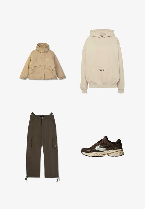 Beige pufferjakke med høj krave, to forlommer og lynlås. Har et struktureret stof og et lille logo på brystet.; Beige hættetrøje med en forlomme, ribbede manchetter og snøre i hætten. "PECADOR PGDR" tekst trykt på lommedelen.; Olivenfarvede cargobukser lavet af letvægtsstof, med to sidelommer, to cargolommer og justerbare snore ved anklerne.; Brun atletisk sko med mesh-paneler, et hvidt accentdesign, en polstret gummisål og en strikket overdelsmateriale for åndbarhed.